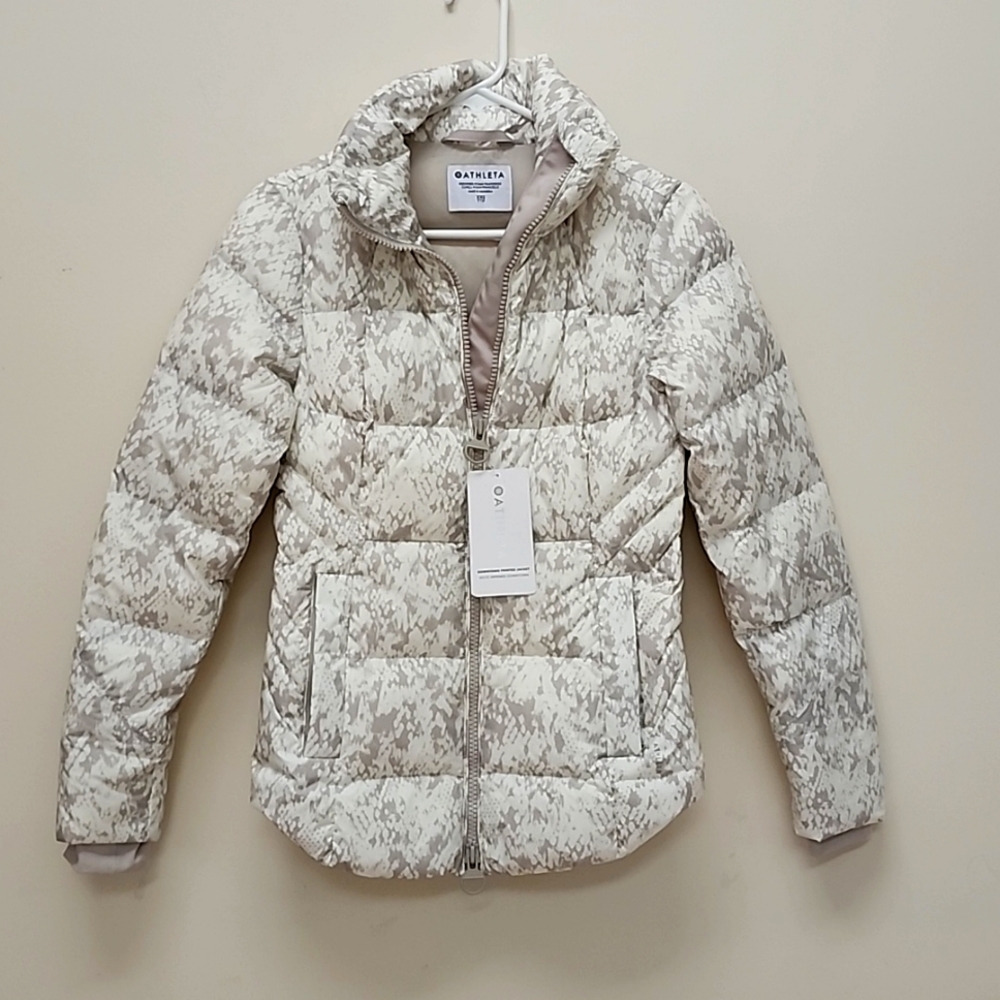 Athleta Downtown Printed Winter Jacket, XXS, NWT, Gray/ Beige color